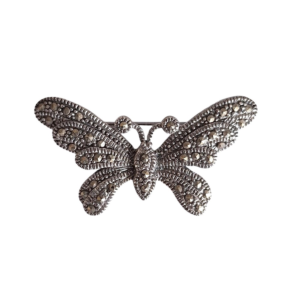 Vintage Marcasite Butterfly Brooch Pin Silver Tone Art Deco Style Animal Jewelry